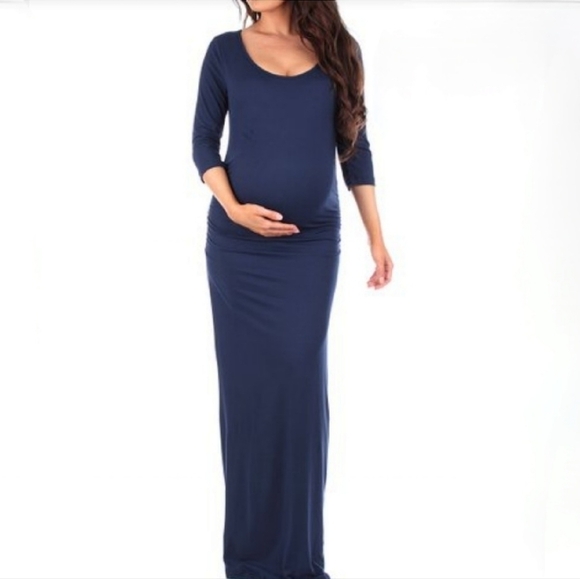 Mother Bee Maternity | Navy Ruched Scoop Neck Maternity Maxi Dress Size Small - Picture 3 of 8
